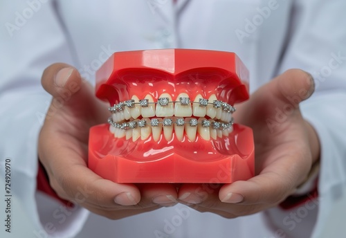 Detailed close-up of braces on a model of human teeth, highlighting orthodontic care and dental health