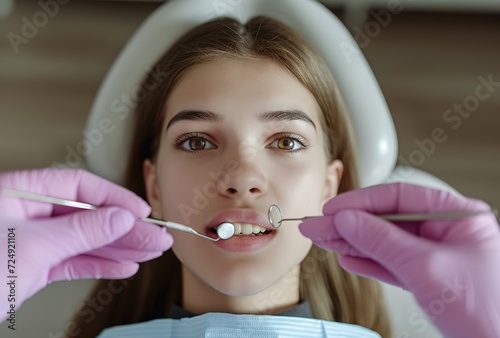 Patient in dental chair, dentist's gloved hand provides comfort - dental care and patient experience