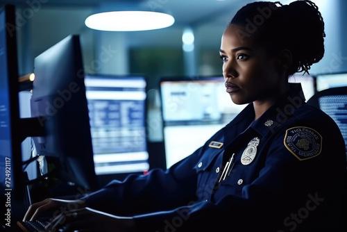 A black female police officer in uniform working diligently at a police station, using a computer, and attentively reviewing reports and documents. photo