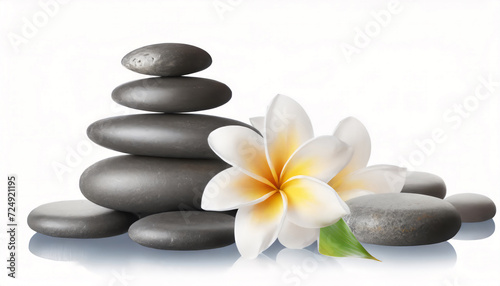 Stack of spa stones and beautiful flower on white background