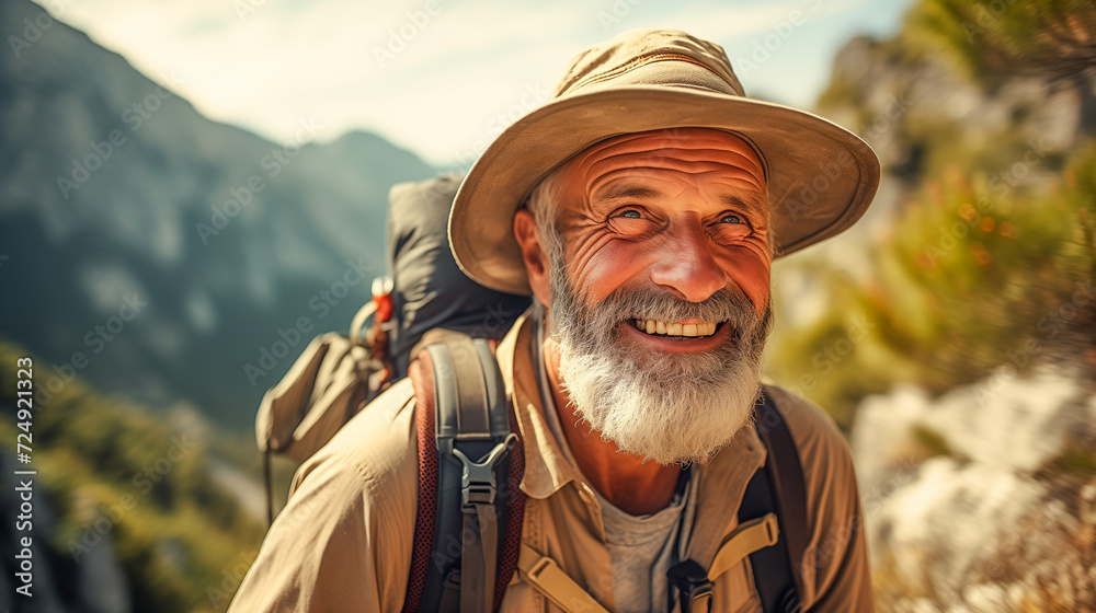 Old man hiking on a mountain Old man hiking on a mountain