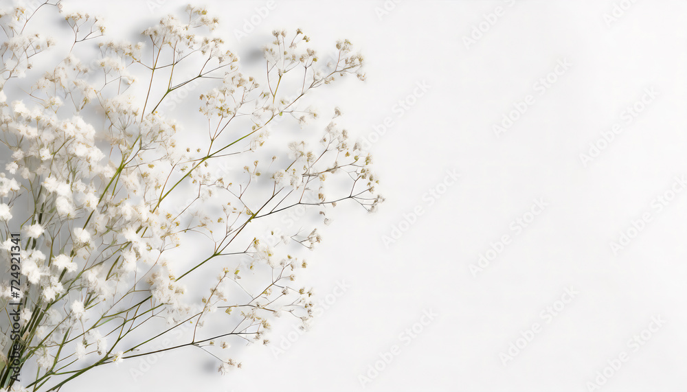 Top view beautiful gypsophila flowers on white background with copy space