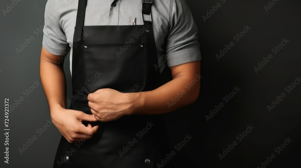 Male waiter in black apron on black background mockup
