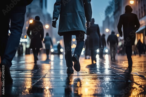 Cropped view of busy city streets with business people crossing a zebra crossing during the evening.