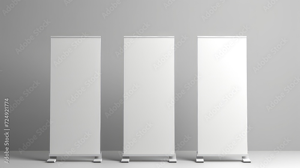 Blank roll up banner mockup stand in front of white wall. Blank roll up banner mockup stand in front of white wall.