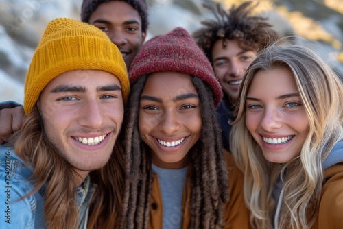 Radiant Smiles on a Chilly Day A Multicultural Group of Friends Sharing Warmth and Joy