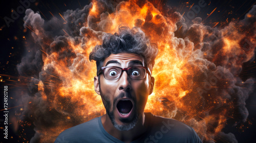 A man with a fiery explosion emanating from his head, symbolizing intense stress, mind blowing idea, mental strain, or mental health issues, depicting a mind-blowing, explosive scenario