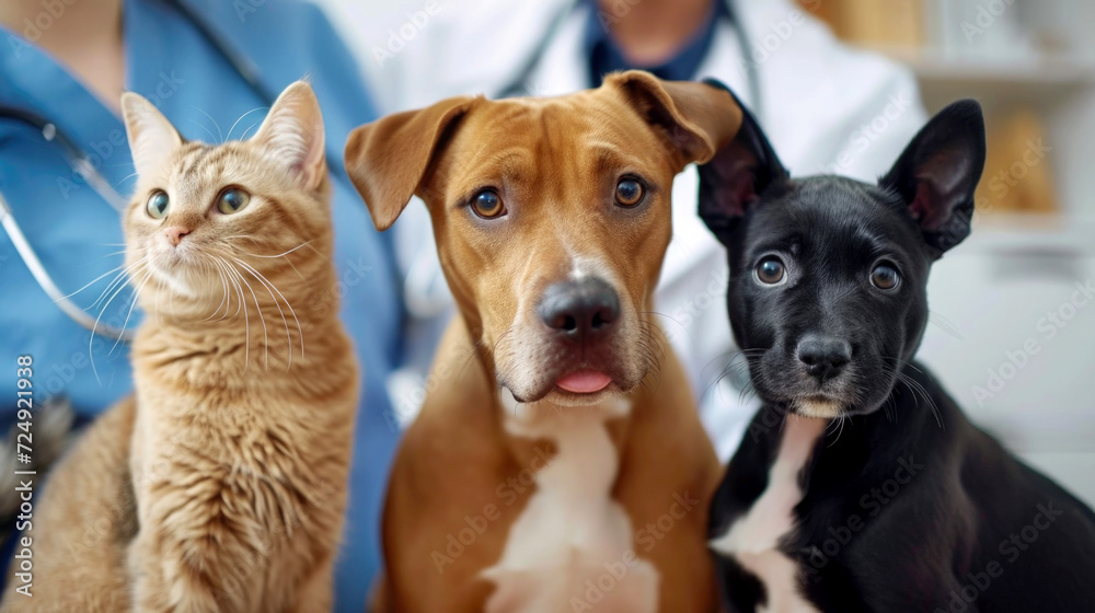 A veterinarian examines cute dogs and a kitten. A veterinarian examines a dog and a cat. Veterinary clinic. Pet inspection and vaccination. Healthcare.