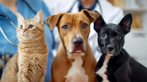 A veterinarian examines cute dogs and a kitten. A veterinarian examines a dog and a cat. Veterinary clinic. Pet inspection and vaccination. Healthcare.