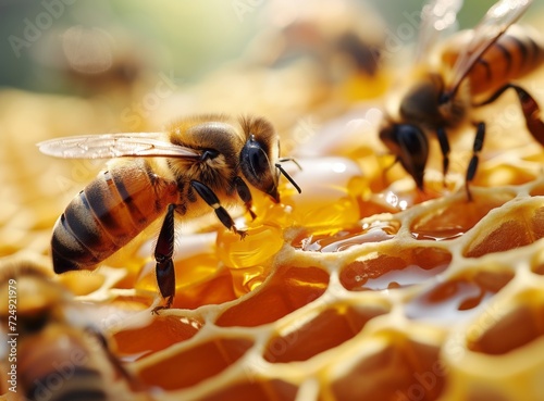 A close-up of a bee on a honeycomb, filled with golden honey. Vivid details and colors showcasing natural beauty.