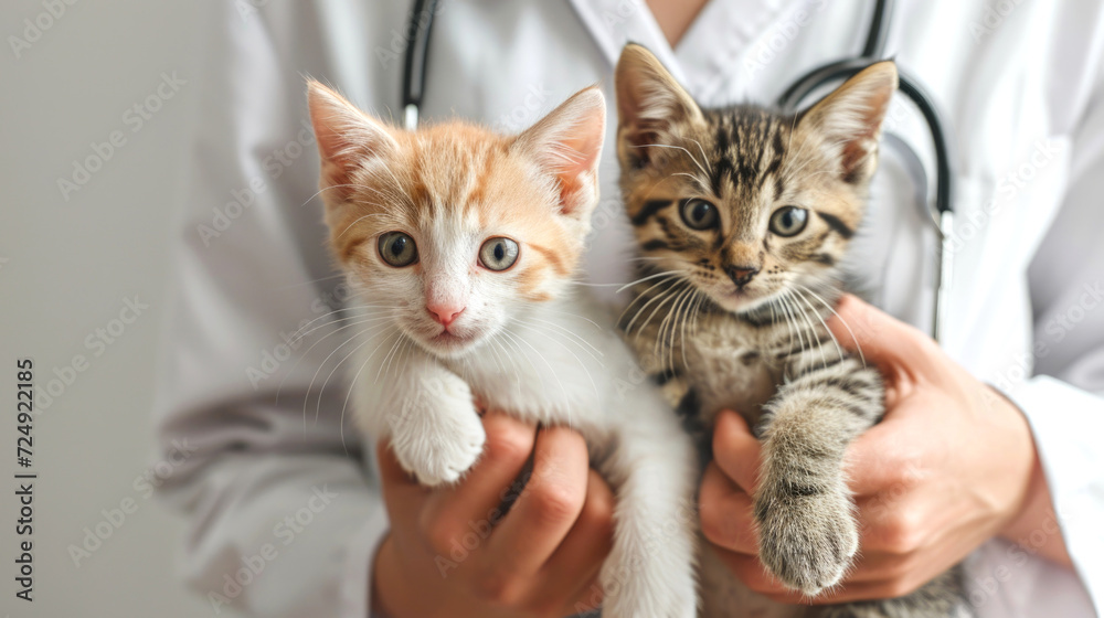 A veterinarian holds cute kittens in his arms. A veterinarian examines a dog and a cat. Veterinary clinic. Pet inspection and vaccination. Healthcare.