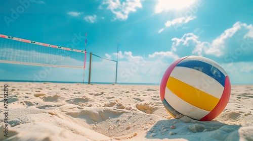 Beach Volleyball Scene: Net, Balls, and Professional Sport on Sandy Court