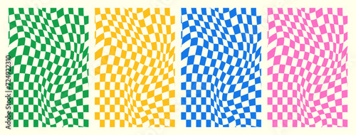 Set of trendy checkered seamless pattern in groovy style. Distorted geometric square background in vintage psychedelic y2k style in pink, green, blue and yellow colors.