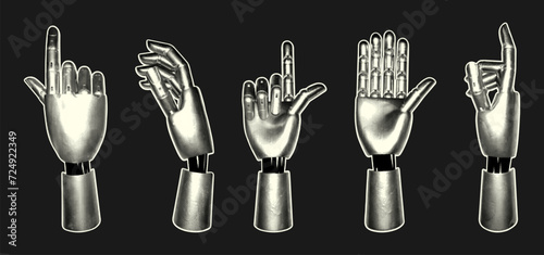 Trendy set of robot hands with a halftone effect in a retro collage style. Iron hands with different gestures for advertising artificial intelligence, chat bot.