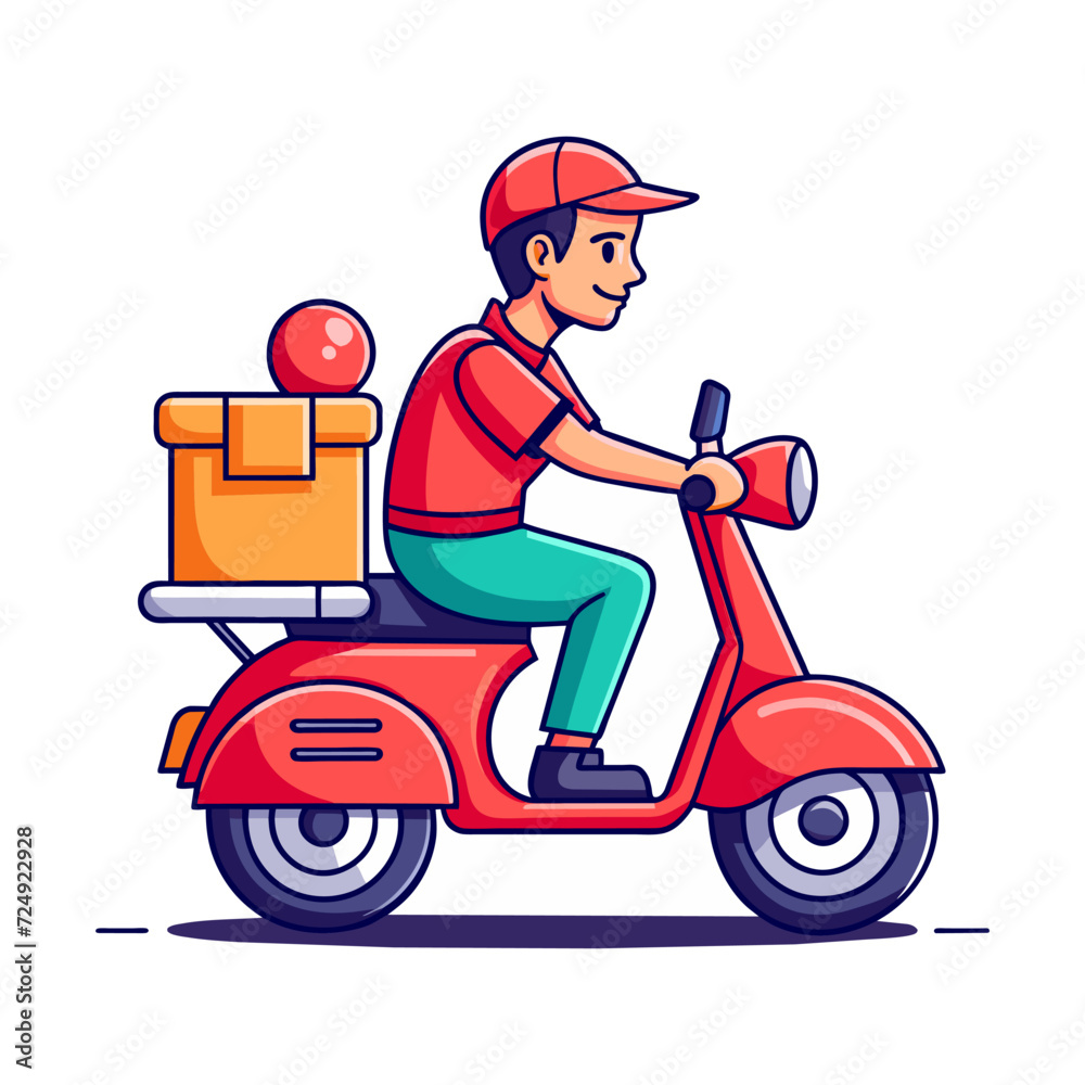 A cartoon vector depiction of a delivery person on a scooter carrying boxes A cartoon vector depiction of a delivery person on a scooter carrying boxes