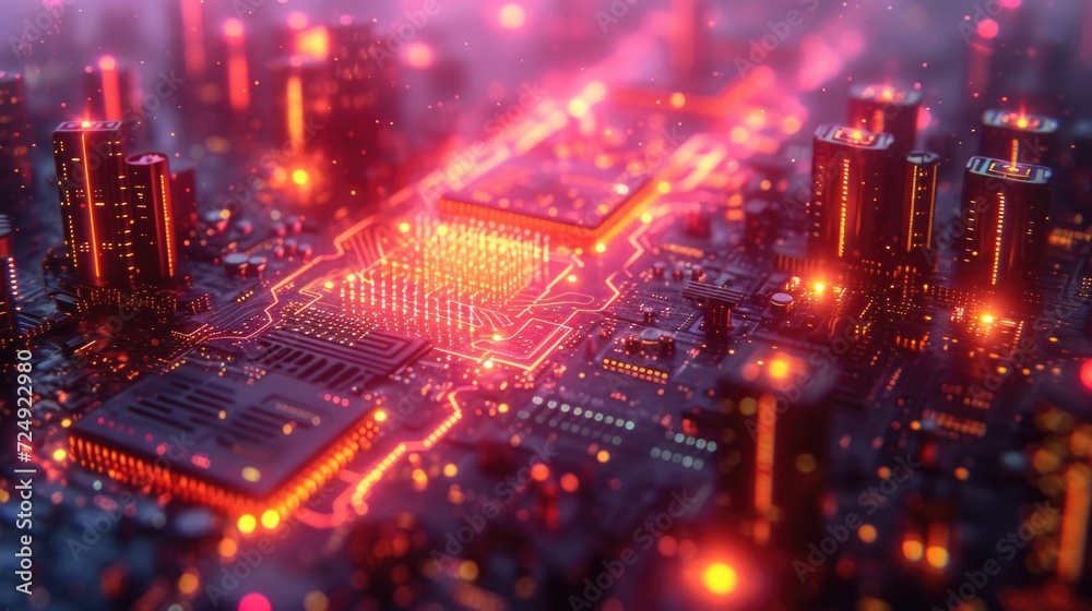 Amidst the towering buildings and bustling city lights of the metropolis at night, a circuit board illuminates, symbolizing the intricate construction and technological heartbeat of urban life Amidst the towering buildings and bustling city lights of the metropolis at night, a circuit board illuminates, symbolizing the intricate construction and technological heartbeat of urban life