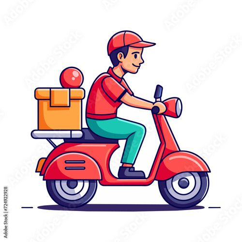 A cartoon vector depiction of a delivery person on a scooter carrying boxes