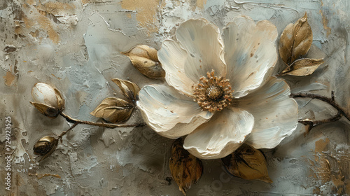 Beautiful spring white flower with golden leavs on decorative background as wallpaper illustration, Elegant White Gold Flower