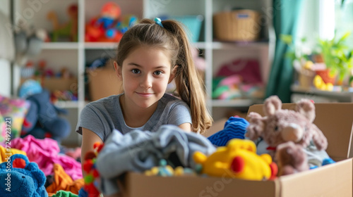 Teenager sorting and collect kid toys, clothes into boxes at home