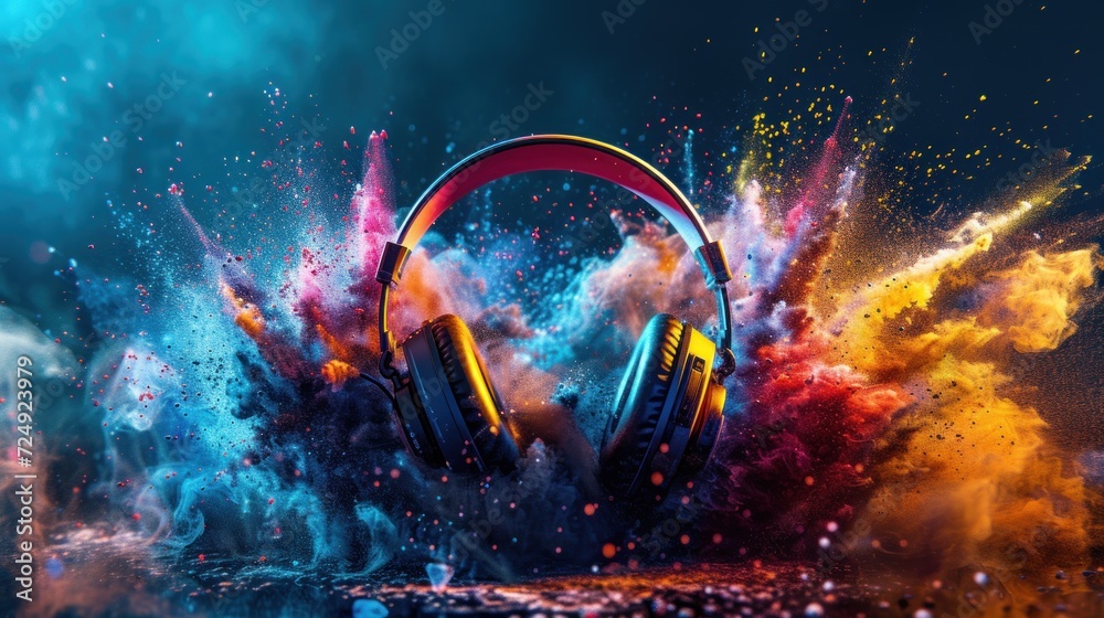 Headphone with vibrant colorful smoke dust splashes concept. AI generated image - obrazy, fototapety, plakaty 