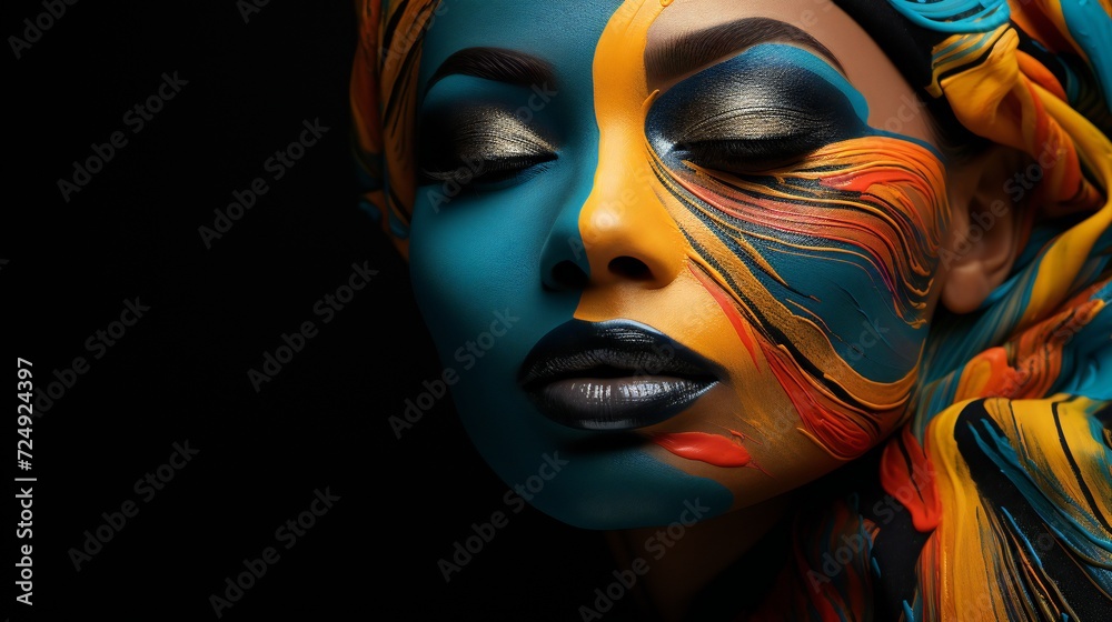 A woman's face painted as a canvas, showcasing abstract brushstrokes that represent the mental health issues