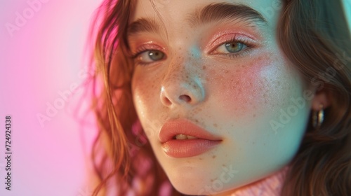 Vibrant makeup and pastel clothing enhance the beauty of a young woman in a closeup shot.
