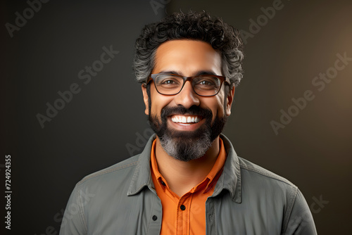 Portrait of a successful smiling bearded man in glasses on an dark background