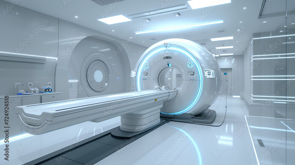 Explore medical innovation with our advanced MRI/CT scan machine. Futuristic design, dynamic glow, and high-tech precision in a modern hospital lab.