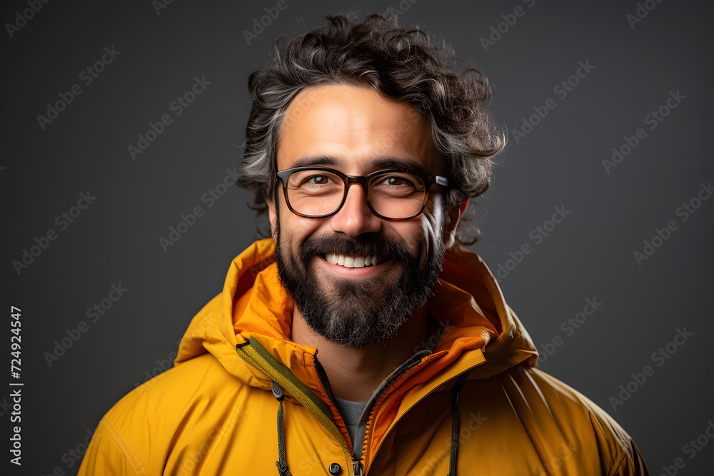 Portrait of a successful smiling bearded man in glasses on an dark background