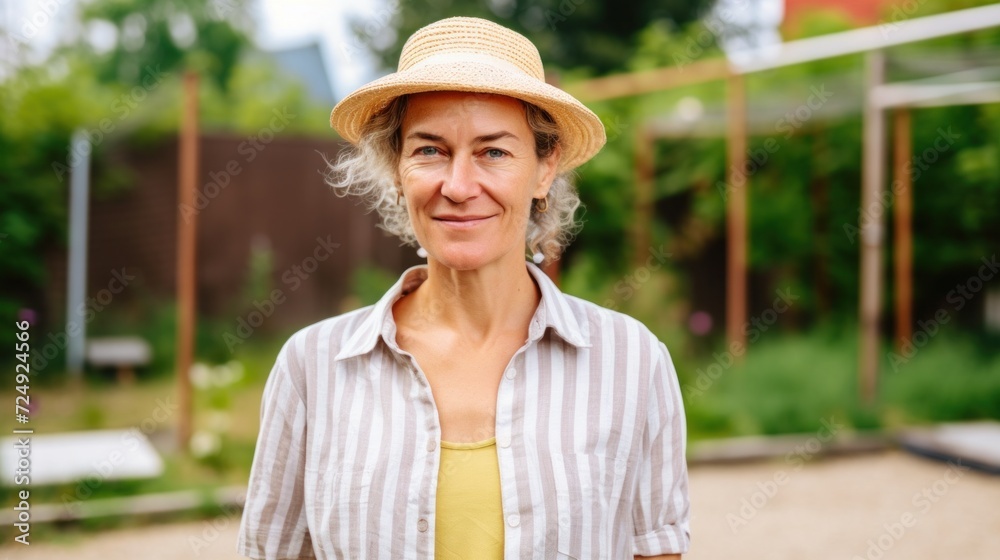 Smiling gardener woman with different skin tone, in gardening clothes, posing against a garden backdrop.