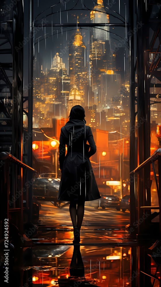 Modern Japanese girl in a chic urban setting, against a backdrop of city lights and reflections