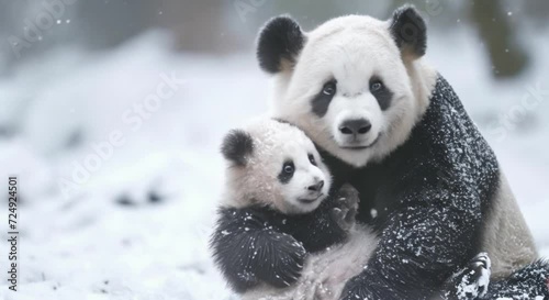 mother panda hugging her cub in the snow footage photo