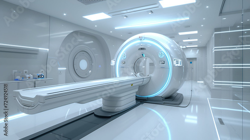 Explore medical innovation with our advanced MRI/CT scan machine. Futuristic design, dynamic glow, and high-tech precision in a modern hospital lab. photo