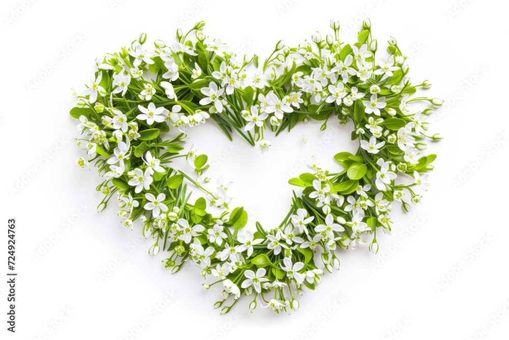 Heart shaped with snowdrops flowers, white background
