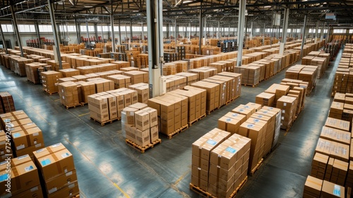 Cardboard boxes arranged in a distribution warehouse factory. AI generated image photo