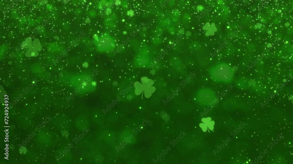 Abstract Motion Green Shiny Blurred Four Leaf Clover St. Patrick's Day With Glitter Sparkles Dust Background Seamless Loop Animation