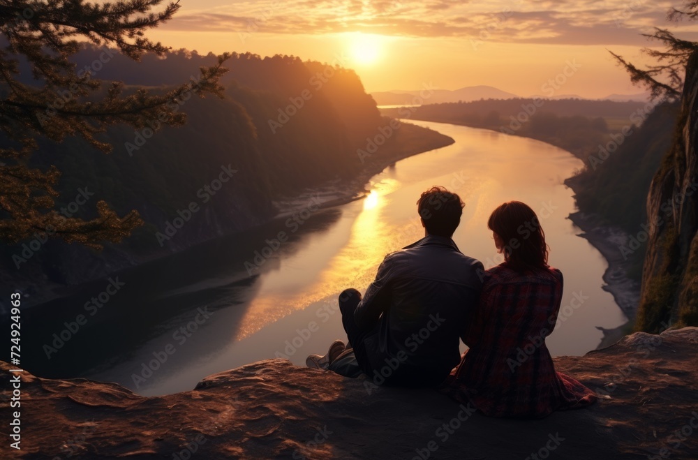 As the sun rises, a couple sits on the edge of a cliff overlooking a peaceful river, surrounded by the majestic mountains and vibrant sky, taking in the beauty of nature while dressed in their hiking
