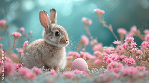 Small cute easter bunny seating among flowers and easter eggs, spring holiday background