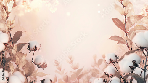 The greeting card template is adorned with a double exposure, showcasing a frame of cotton flowers and leaves, and providing free copy space in the center photo