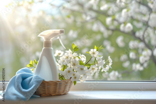 Spring cleaning background with white bottle mock up by the window in the kitchen