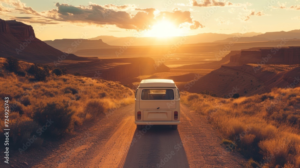 Vintage van travel at sunset view for travel holiday concept. AI generated image