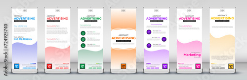vertical abstract Roll up banner for show display mock up, presentation, events, exhibition, trade, advertising designs in blue, red, green, orange, purple, pink and yellow
