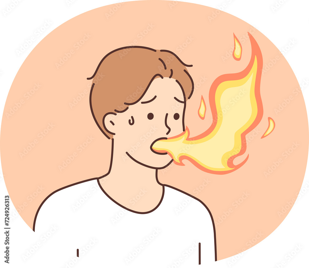 Sick man with flame coming out mouth suffers from heartburn due to problems with digestive system. Guy ache heartburn and needs treatment to recover stomach after eating spicy food Sick man with flame coming out mouth suffers from heartburn due to problems with digestive system. Guy ache heartburn and needs treatment to recover stomach after eating spicy food