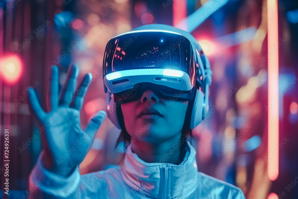 Immersed in a vibrant cyber realm, a person explores a futuristic virtual space, interacting with digital elements through a high-tech VR headset. Immersed in a vibrant cyber realm, a person explores a futuristic virtual space, interacting with digital elements through a high-tech VR headset.