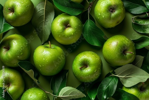 green apples on a green background, top view