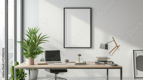 Frame mockup. Home Office wall poster mockup. Interior mockup with office background. Modern interior design, Generative Ai. © RIZAL