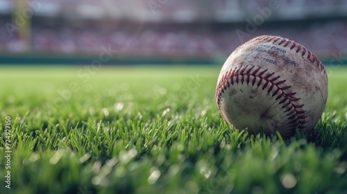 Close up baseball ball sport on grass with blur background. AI generated image photo