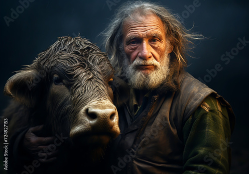Portrait of a moment of affection between an elderly man farmer and his cow. Care and attention. Domestic and farm animals.