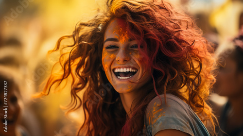 Beautiful woman with colored powder smeared on her face. Smiling girl playing with colors during holi festival at park.