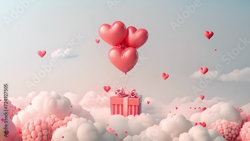 Valentine's day design. Realistic 3d pink gifts box in the clouds. Holiday banner, web poster, flyer, stylish brochure, greeting card, cover. Romantic background pastel background Copy space Happy Val photo
